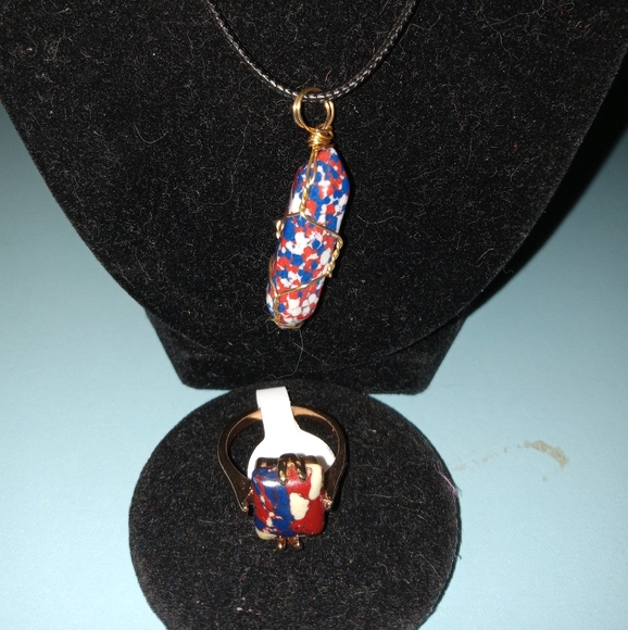 Matching Necklace and Ring Set w/Multi-colored Pendant on Black Cord - Picture 1 of 5